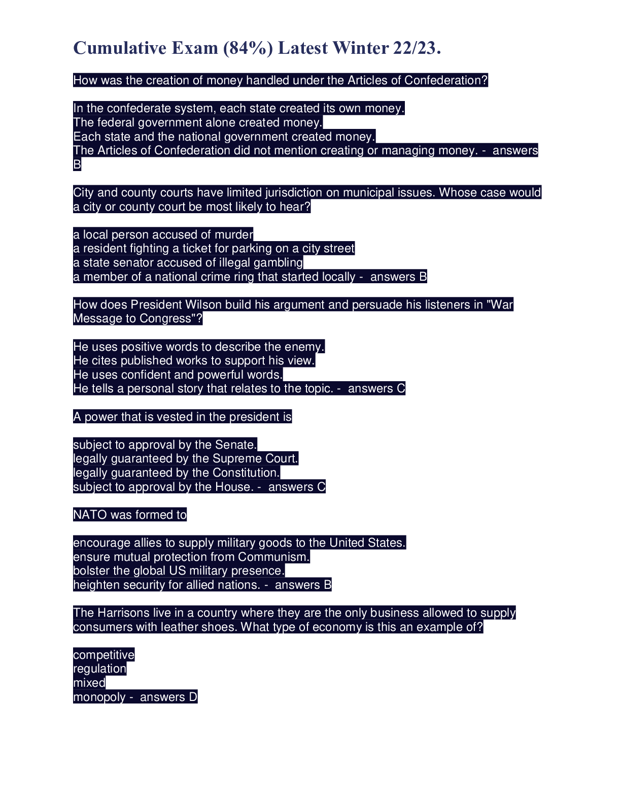 Preview image for Cumulative Exam (84%) Latest Winter 22/23.